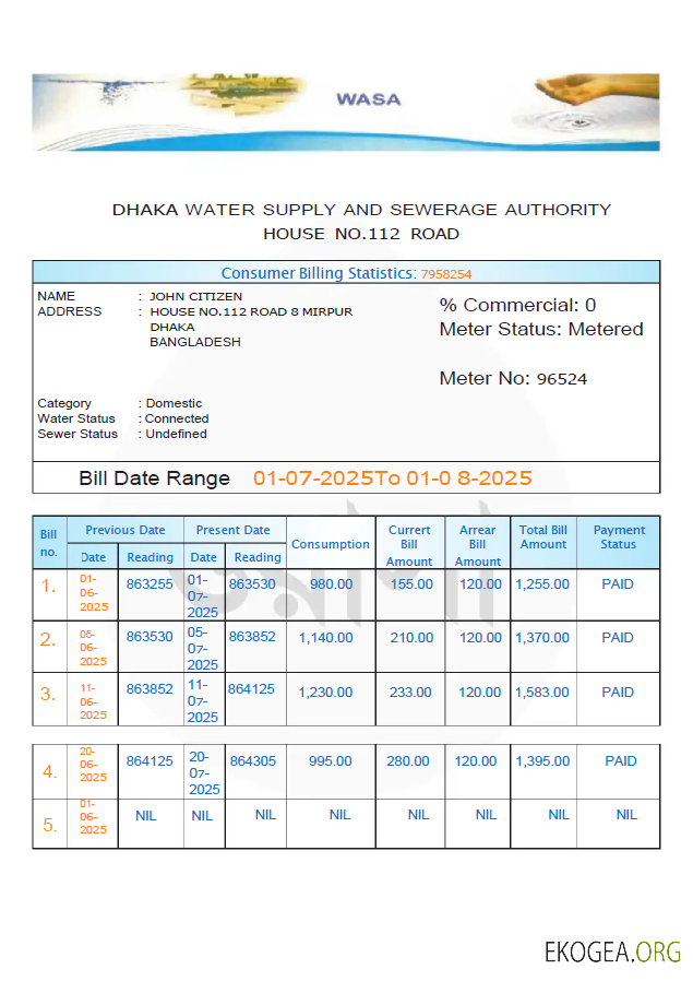 Bangladesh Dhaka Water Supply and Sewerage Authority utility bill template in Word and PDF formats